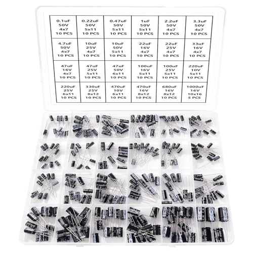 YIXISI 235 Piezas 24 Valoresr Rango 0.1uF-1000uF 10V 16V 25V 50V Condensadores Electroliticos Kit, Condensador Electrolitico de Aluminio, para TV, Monitor LCD, Radio, Estéreo y Videojuegos