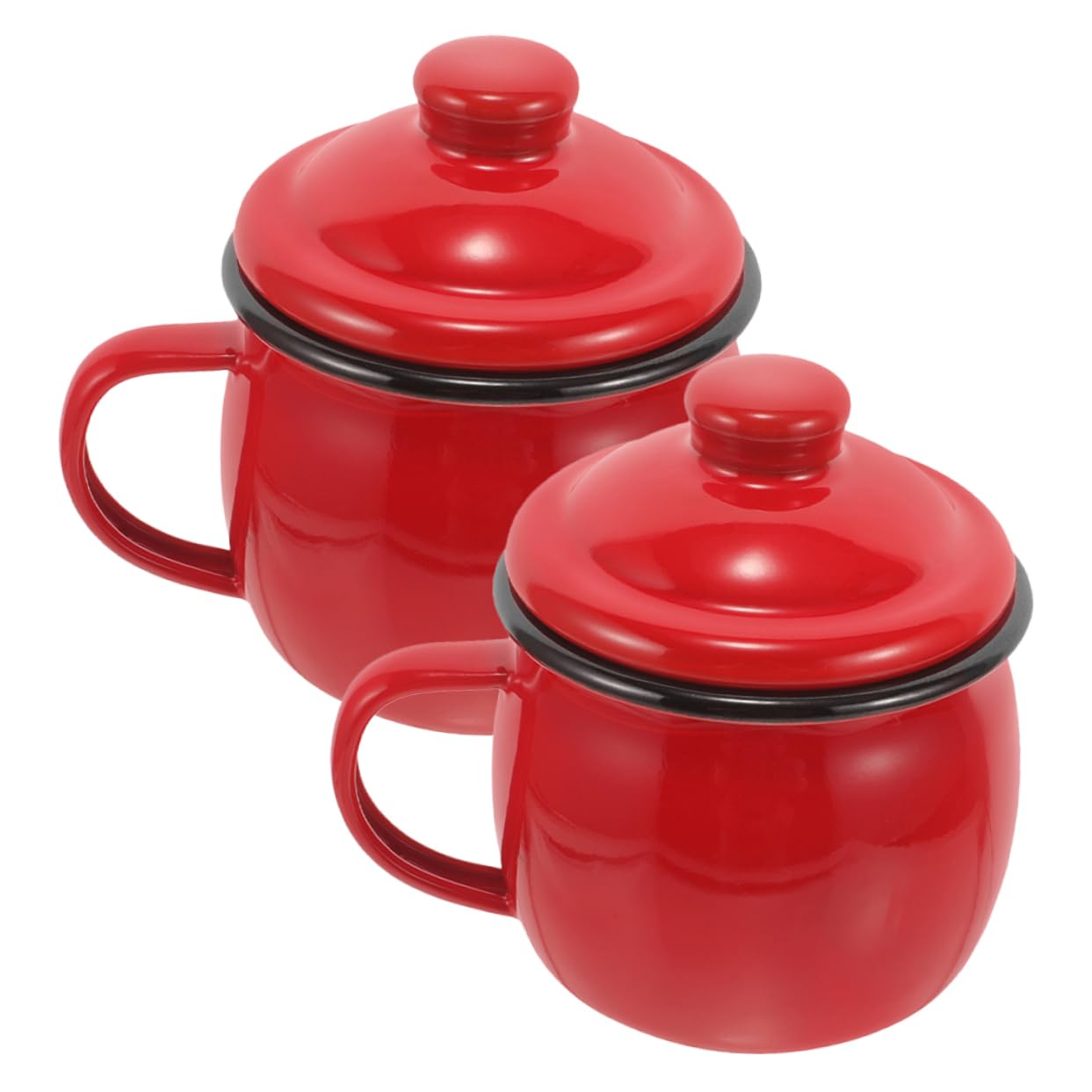 Vintage Emaillebecher 2 Stück 580ml mit Deckel Rot Halloween Geschenkideen | Emaille, Mikrowellengeeignet, Glatte Oberfläche, Robust, für Reise und Büro, Einfach zu Tragen