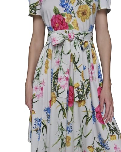 Image of Karl Lagerfeld Women's Short Sleeve Surplice Neck Faux Wrap Belted Mini Dress
