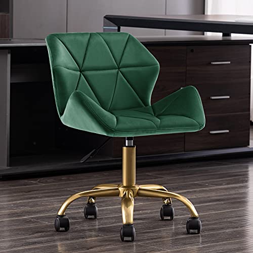 Duhome Cute Home Office Chair, Velvet Swivel Desk Chair Armless Hydraulic Rolling Computer Chair With Backrest Golden Base For Teens Girls, Dark Green #TOP6