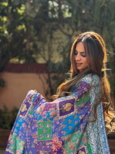Image of Sidhidata Women's Chinon Ajrakh Printed Mirror Patch Work Saree With Unstitched Blouse Piece (Rangrez Blue Blue Free Size)