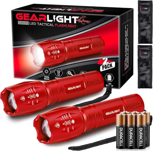 Image of GearLight LED Flashlight High Lumens, Mini Tactical LED Flashlight 2 Pack, 5 Modes Zoomable Beam, Battery Powered for Camping, Hunting, Home & Emergency, Compact Small LED Flashlight (Red)
