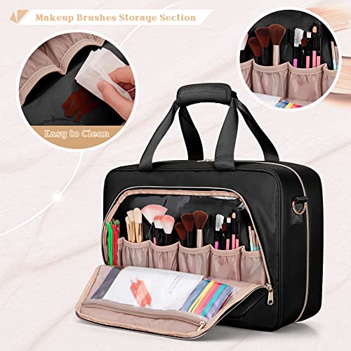 Professional Makeup Artist Travel Case with 4 Detachable Cosmetic Bags, Large Make up Organizer Bag with Makeup Kit Storage Section and Hair Tools Pocket, Black (Empty Bag Only)4