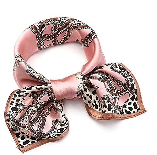ANDANTINO 100% Pure Mulberry Silk Small Square Scarf -21'' x 21''- Breathable Lightweight Neckerchief -Digital Printed Headscarf (Pink Leopard)