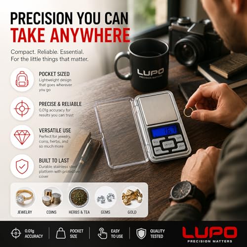 Báscula digital Lupo, 500g x 0.1g, pantalla LCD retroiluminada miniatura 7