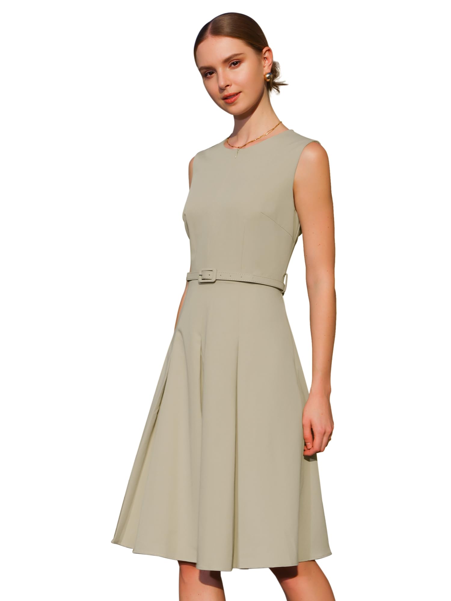 Hobemty Women's A-Line Dress Sleeveless Zip Up Office Work Flare Pleated Dresses with Belted