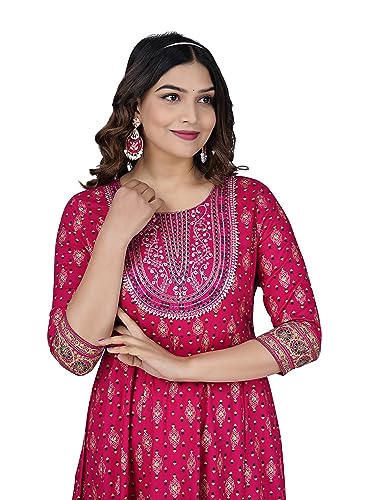 Image of Women's Rayon Embroidered Anarkali Kurti | Elegant Blue & Pink Long Kurti for Women | Premium Ethnic Wear for Diwali & Wedding | Stylish Comfortable Festive Outfit in Floral Design