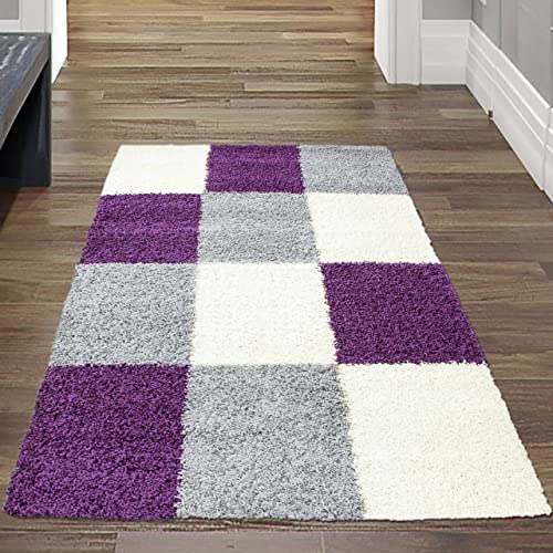 Shaggy Hochflor Langflor Teppich Wohnzimmer Gemustert in Karo Design Lila...