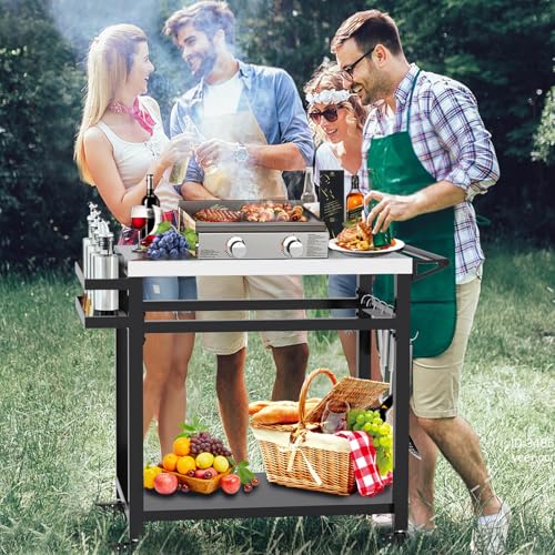 Image of 20 inchx 32 inch Grill Table with Double-Shelf, Stainless Steel Grill Cart, Multifunctional Food Prep and Pizza Oven Table for Ninja Grill, Blackstone Griddle 17 inch /22 inch