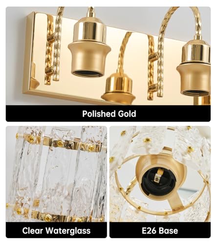 Image of Gold Vanity Lights 3 Lights with Water Ripple Glass Shade Modern Bathroom Sconce Above Mirror 20in Hallway Lamp for Bathroom Living Room Bedroom