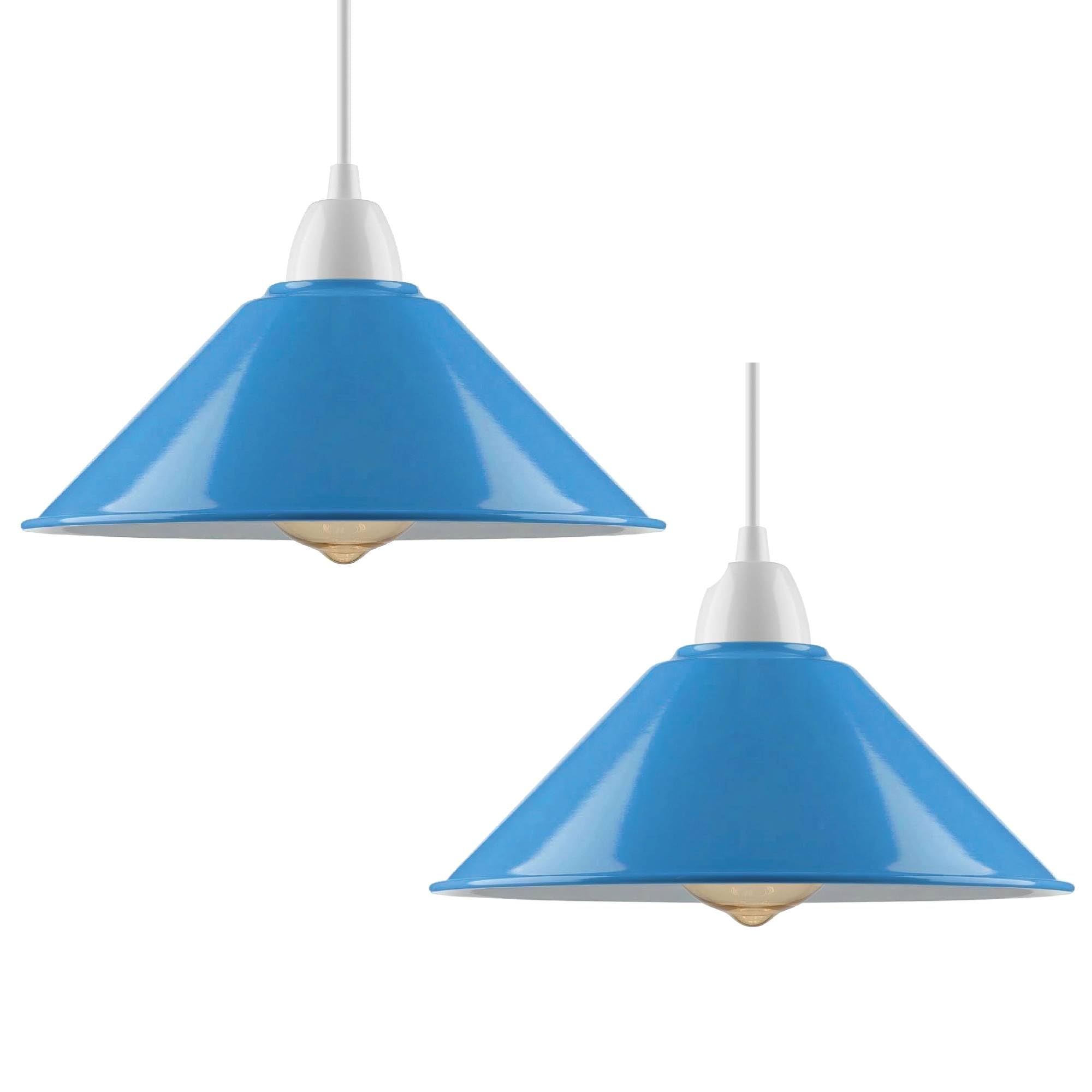 Blue Metal Cone Lamp Shade Set of 2, 22cm Easy Fit Replacing Hanging – Vintage Industrial Conical Ceiling Pendant, E27 Compatible, Reducer Plate Included – Kitchen Island Dining Room Hallway