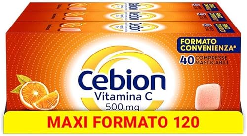 Cebion Vitamina C 500 mg Masticabile Arancia, Supporta il Sistema Immunitario e il Metabolismo Energetico, 120 Compresse, Integratore Alimentare