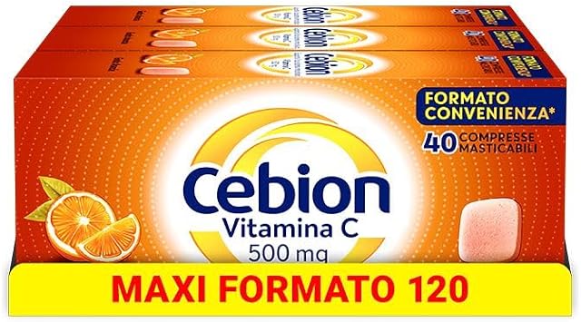 Cebion Vitamina C 500 mg Masticabile Arancia, Supporta il Sistema Immunitario e il Metabolismo Energetico, 120 Compresse, Integratore Alimentare​