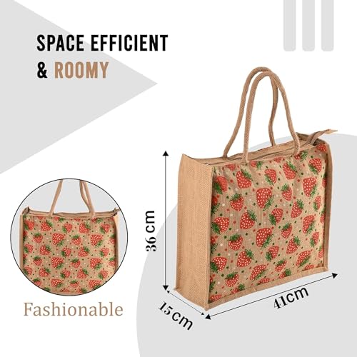 Image of Kuber Industries 2 Pcs Jute Shopping Bag for Women with Handle | Reusable Carry /Shopping Bag for Grocery, fruits & Vegetable | Strawberry Print - Brown