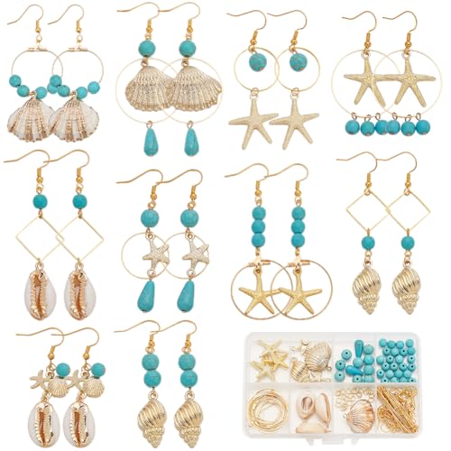 SUNNYCLUE 1 Box 10 works Sea Dangle Earrings Making Kit Starfish Charms Ocean Animal Charm Lucky Turquoise Beads Natural Shell Charms for jewellery Making Kits Beginners Women Adults DIY Supplies