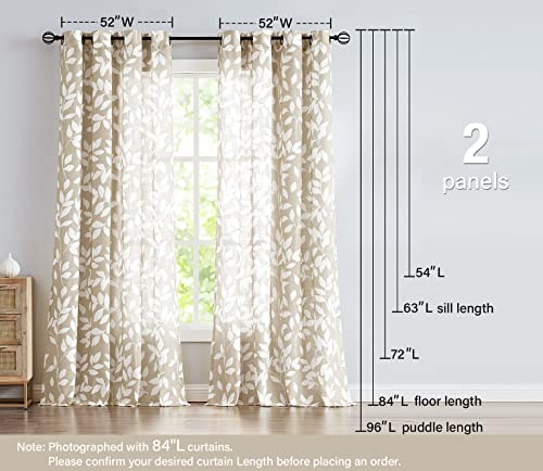 Image of Treatmentex Leaf Print Semi Sheer Curtains of Textile for Living Room 52 inch x 63 inch White and Taupe Curtain Panels for Windows, 2 Pack, Taupe, Grommet Top