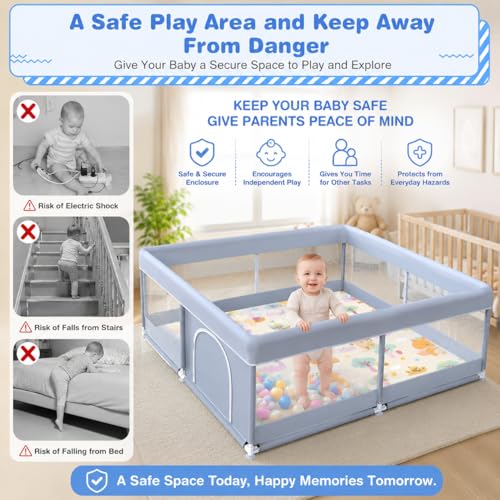 Image of MONSTECH Large Baby Playpen 120x120cm Playpen for Babies up to 5 Years with Balls, Anti-Fall Rings, Safety Lock, Breathable Mesh Playpen for Babies, Kids Activity Center (120 * 120 Blue)