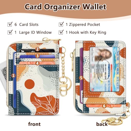 Image of Giancomics Slim Wallet Credit Card Holder Women, Abstract Boho Art Rfid Blocking Small Card Case, Keychain Thin Pocket Curved Zipper Wallet, Travel Card Holder PU Leather ID Window, Ladies Female Gift