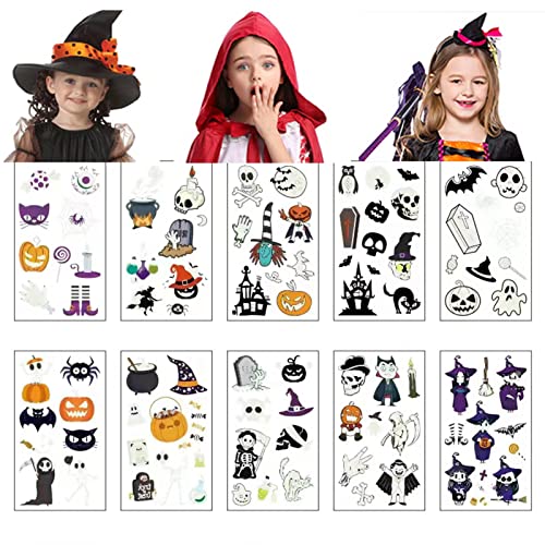 Ueomul Glow Halloween tatuagens temporárias crianças, 10 folhas autocolantes tatuagens impermeável, truque ou tratamento, vampiro, esqueleto humano, abóbora de terror, maquilhagem para festa Halloween