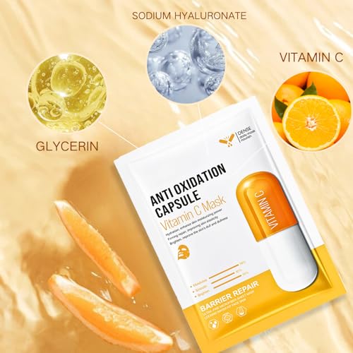 Vitamin C Sheet Mask, 5PCS Face Masks Skincare With Hyaluronic Acid, Anti Oxidation Capsule Face Mask Set, Firming Repair Korean Face Mask, Hydrating Face Mask For Dehydrated, Dull And Tired Skin - Image 3