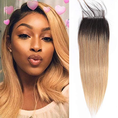 8A Peruvian Ombre Blonde Straight Hair Lace Closure 4x4 Closure Free Part 2 Tone Colored Wavy Lace Closure 130% Density 12inch 1b/27 By Leticia