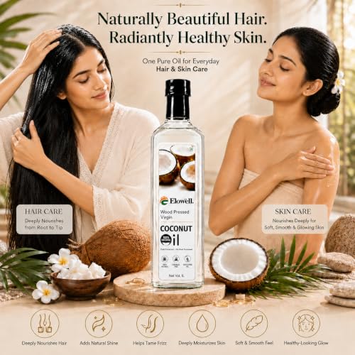 Image of ELOWELL Cold Pressed Virgin Coconut Oil (250ml), Wood Pressed, From Our Own Farms in Tamil Nadu, Unrefined, No Heat Processed, 100% Pure & Natural, Edible Cooking Oil for Hair, Skin & Baby Care