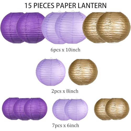 Image of 15-Pack Purple Gold Paper Lanterns, Rapunzel Birthday Decorations | 6, 8 & 10-Inch Round Hanging Set with Wire Frames for Baby Showers, Weddings, Graduations, Mermaid Themes & Ceiling Displays