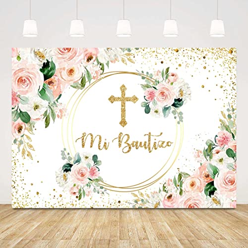 Sensfun Mi Bautizo Fondo Rosa Floral 7x5ft miniatura 1