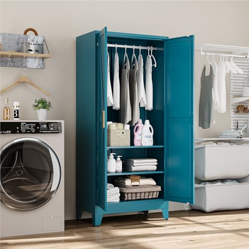 Image of Metal Wardrobe Closet with Doors and Shelves, 71 inch Farmhouse Bedroom Armoire with Hanger Rod and Clothing Shelf, White Steel Wardrobe Cabinet Storage Clothes Closet
