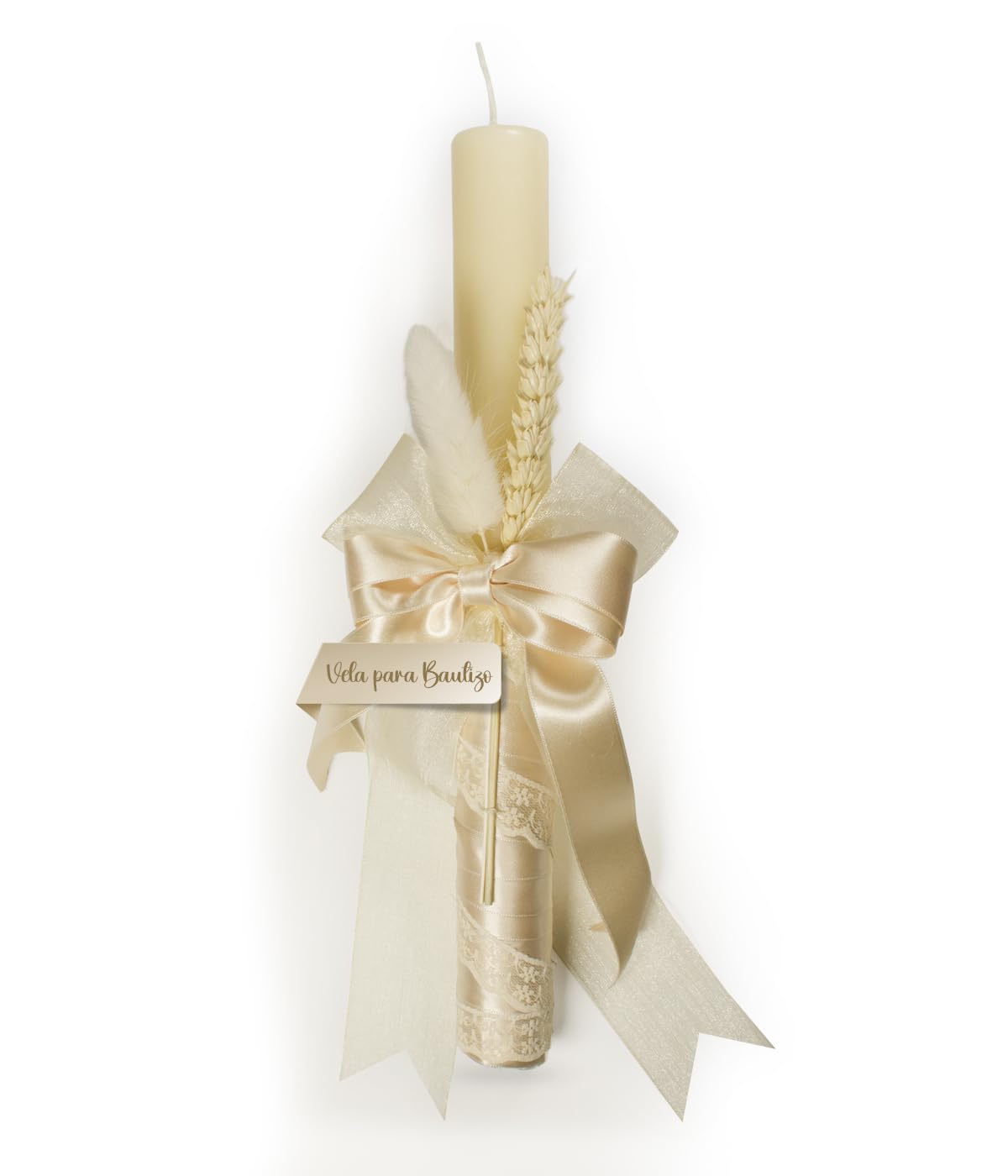 Vela Bautizo – Cirio Bautizo- Vela Bautizo Decorada- Artesanal – Vela color marfil -Vela cera de abeja natural – Vela litúrgica – Vela Larga blanca - Bautizos - Comuniones y Bodas (BEIGE DORADO)