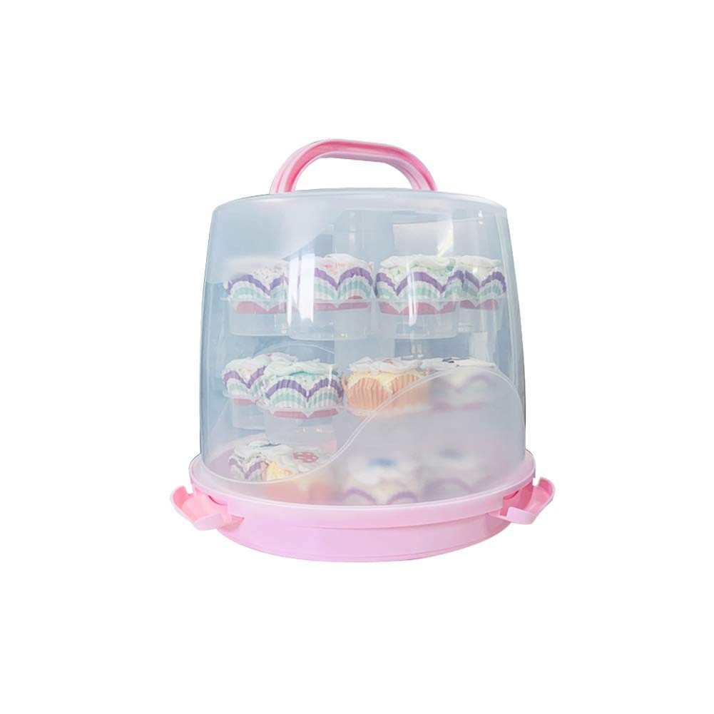 MineSpace Cupcake Carrier 3 Tier Stackable Cake Container Muffins Cookies Storage Box Takeout Container with Lock Lid and Handle for Birthday Wedding Party Picnic (Pink)
