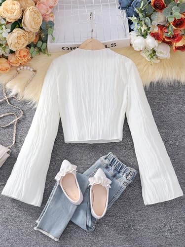 SweatyRocks Girl's Mock Neck Long Flare Sleeve Tee Shirt Solid Pullover Crop Tops White2