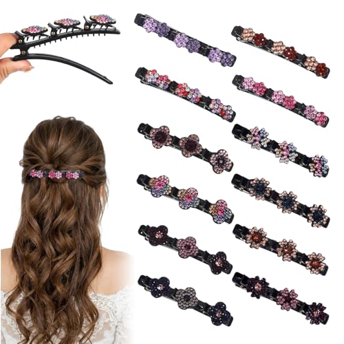 12 Pcs Braided Hair Clips For Women Hair Accessories For Women And Girls Crystal Stone Resin Flower Clips Fashion Accessories Cute Sparkling Rhinestone Duckbill Clip Headwear Styling Tools