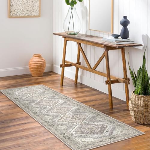 KUTA Oriental Washable Runner Rug, 2x7 Non-Slip Vintage Ivory Grey Yellow Hallway Kitchen Runners Soft Printed Distressed Tribal Farmhouse Floor Carpet Rugs for Laundry Bedroom Living Room