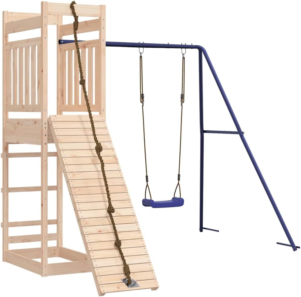 Outdoor Playset Natural Wood Blue Solid Pine Wood Large Durable with Climbing Wall and Single Swing for Kids Ages 3-8 Years Spacious Layout for Up to Three Children