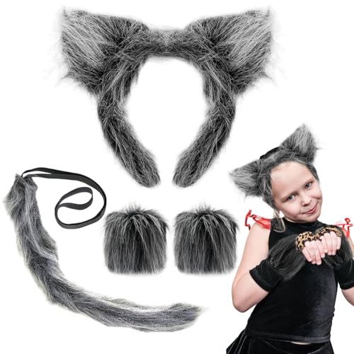 UILYNIU 4 Pcs Accessoires Costume de Loup Oreilles de Loup Gants Queue de Loup Loup Furry Halloween Costume Enfant Adultes Accessoires de Costume Loup Garou pour Fête Halloween Cosplay(4 Pcs)