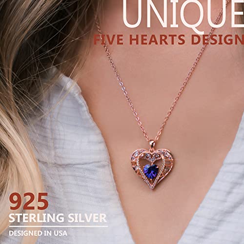 Gemmance 5 Heart Crystal Pendant Necklace - 925 Sterling Silver Chain - 18K Rose Gold Plated - Deep Violet - 18”+2” Birthstone Jewelry For Women And Girls - Gifts For Birthday, Christmas #TOP1