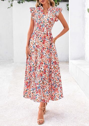 Image of PRETTYGARDEN Women's 2026 Summer Floral Midi Dress Cap Sleeve V Neck Ruffle Long Flowy Boho Casual Beach Vacation Dresses