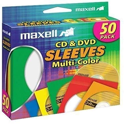 Maxell 190134 Capas para armazenamento de papel para CD e DVD com janelas de plástico transparente multicoloridas, pacote com 50 (papel)