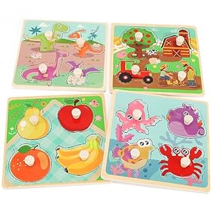 Wooden Peg Puzzles for Toddlers 1-3, Kids’ Educational Preschool Peg Puzzle Toy, Set of 4 Toddler Puzzles – Farm, Dinosaur, Fruit and Marine Animals, Ideal Gift for Ages 1 2 3 Boys and Girls