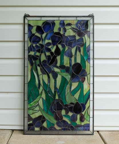 Handcrafted hanging stained glass window panel Iris Flowers, 20" x 34" HF448 - Thumbnail 3