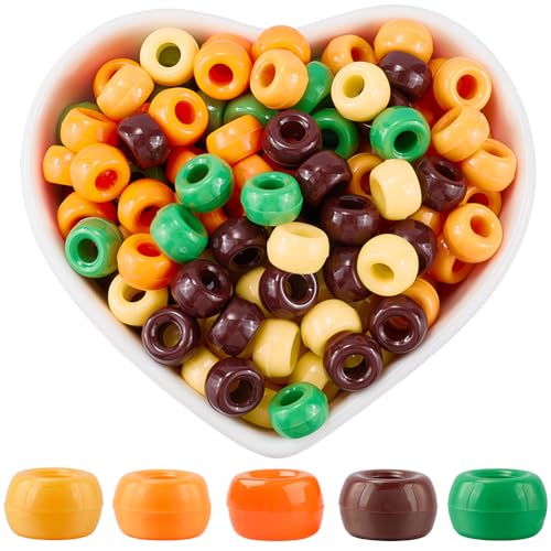 SOFPLATE 800Pcs 5 Colors Thanksgiving Beads Yellow Pony Beads Bulk Plastic Orange Green Bronze Autumn Farmhouse Fall Lucky Spacer Bead for jewellery Making Party Hair Wedding Bracelet Crafts Beading