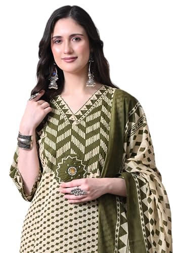 Image of MEERA FAB Women's Cotton Straight Kurta Set, Floral Print with Yoke, with Dupatta and Pants