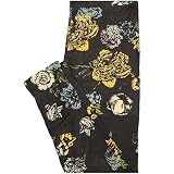 Lularoe One Size OS Black Yellow Black Cream Floral Buttery Soft Leggings - OS fits Adults 2-10
