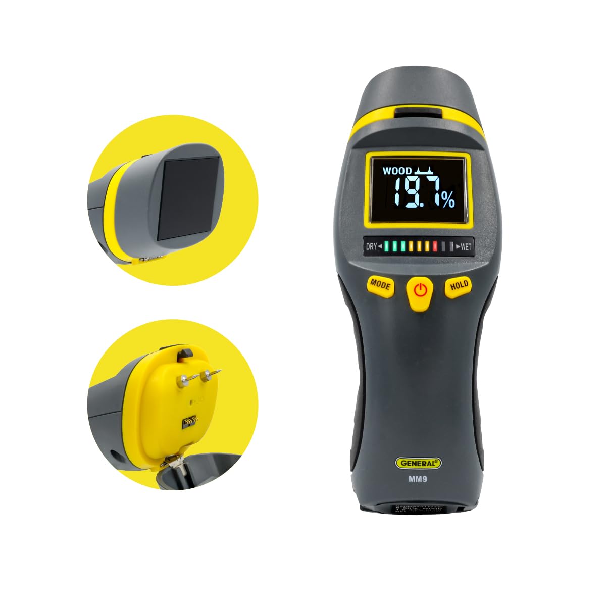 General Tools MM9 - Misuratore di umidità senza pin - Doppio rilevatore di umidità per legno, cartongesso e materiali da costruzione - Display digitale, modalità scansione e pin, conservazione dati |