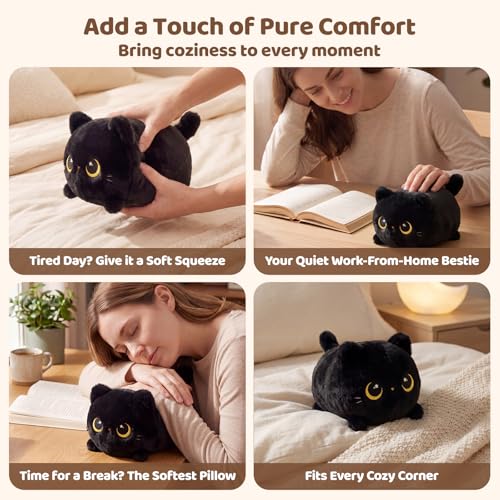 Mewaii Schwarze Katze Plüschkissen 20CM Weiches Kawaii Kuscheltier für Kinder,Niedliches Katze Plüschtier,Perfektes Kuschelkissen und Geschenk