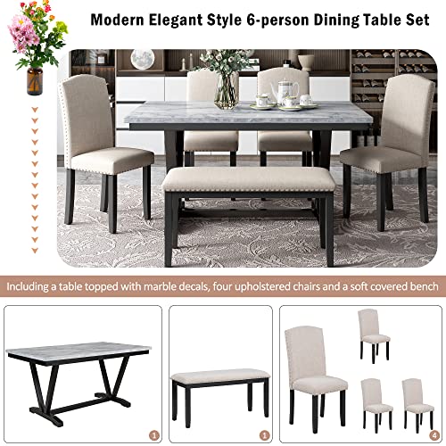 6-Pieces-Dining-Table-Set-with-Bench-Rectangle-Dining-Table-with-4-Upholstered-Chairs-a-Bench-Wood-Kitchen-Table-Chairs-Set-for-6-Persons-Modern-Style-Dining-Room-Set-White-Black 6 Pieces Dining Table Set with Bench Rectangle Dining Table with 4 Upholstered Chairs a Bench Wood Kitchen Table Chairs Set for 6 Persons Modern Style Dining Room Set White Black