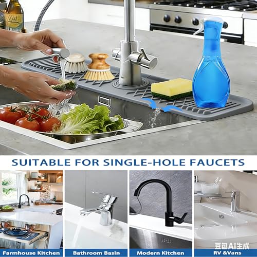 Image of EBIGIC 24 Inch Silicone Faucet Mat for Kitchen Sink, 7 Slope Fast Self-Draining Sink Splash Guard, Kitchen Sink Water Catcher Organizer, Kitchen Sink Accessories (Gray, 24''x5.6'')