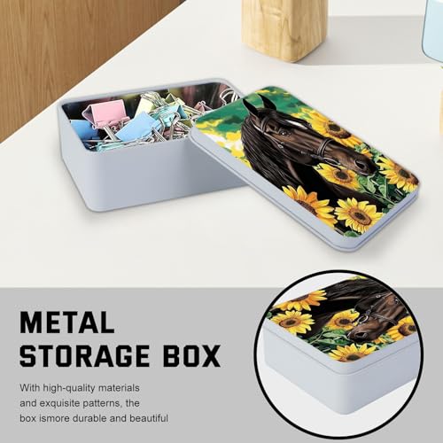 Image of Metal Tin Box with Lid for Game Cards Home Organizer Candles Keys Crafts Storage - Equipped with 4 Magnetic Cord Clips,Horses and Sunflowers