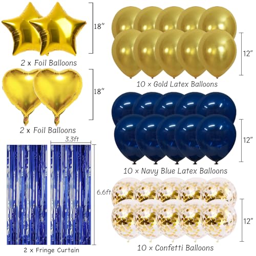 Image of Navy Blue Gold Birthday Party Decorations Supplies Happy Birthday Banner Honeycomb Balls Fringe Curtain Foil Balloons Hanging Swirls Cake Topper Tablecloth Party Supplies for Men Boys